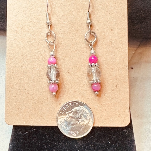 Stainless Steel Dangle Earrings w/Rutilated Quartz & Crackle Quartz - Picture 7 of 10